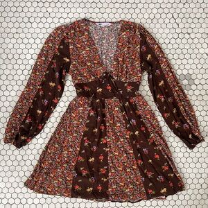 SO Dress Small Brown Pink Cottagecore Boho Fairy Farm Bow Long Sleeve Floral